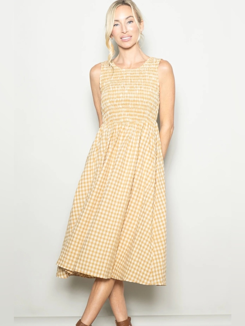 New PinkBlush Elloh Yellow Gingham Smocked Sleeveless Midi Dress Cotton $86